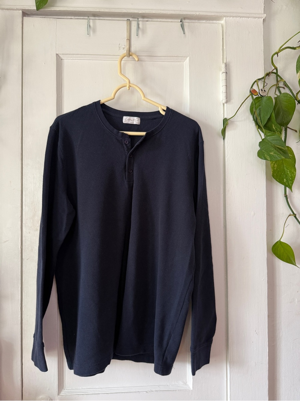 Classic Navy Long-Sleeve Henley Shirt - Cotton & Co size XL